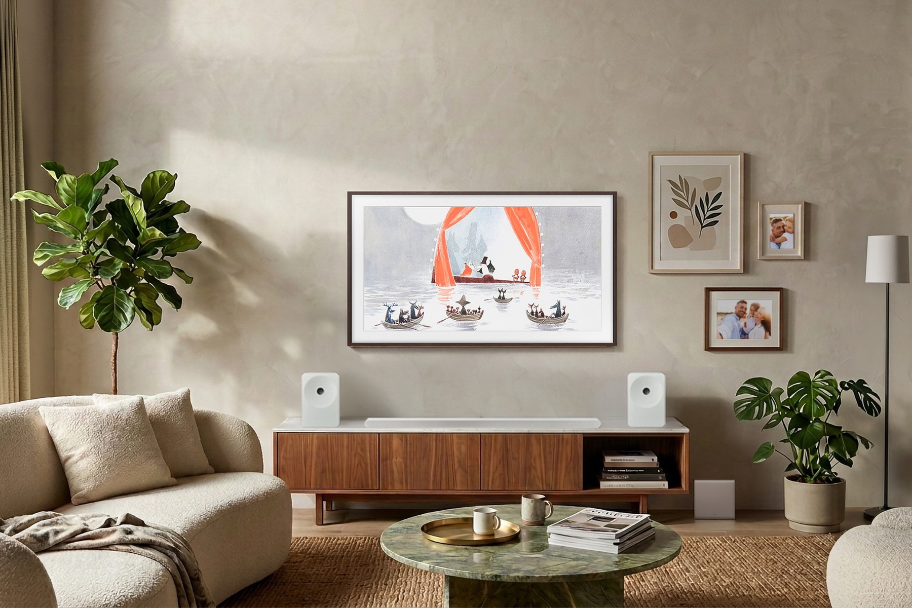 Living room with sofa and walnut sideboard, framed illustration among family photos