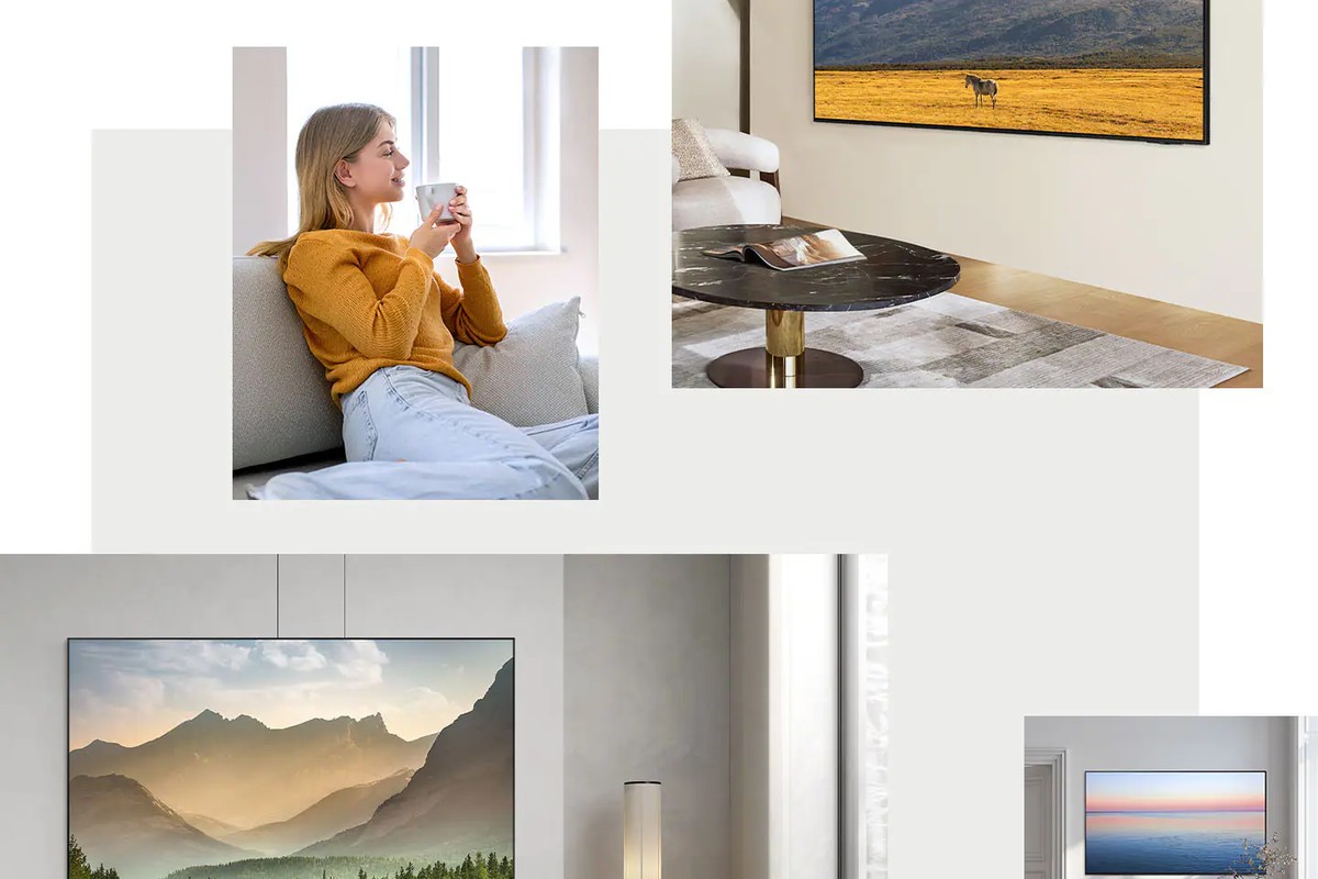 Wohnungshaube an der fast bündigen Wand, Samsung-TV in einem Wohnzimmer