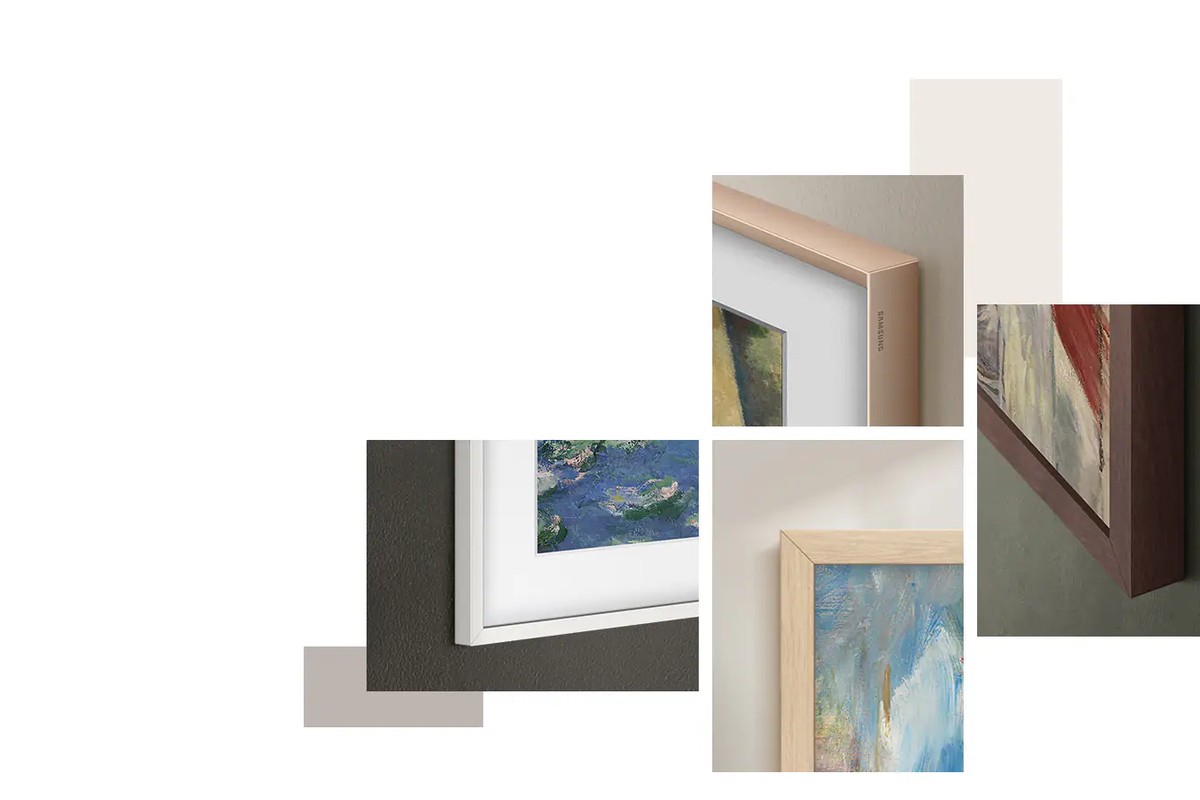Four The Frame bezel corners on the wall, one finish per view