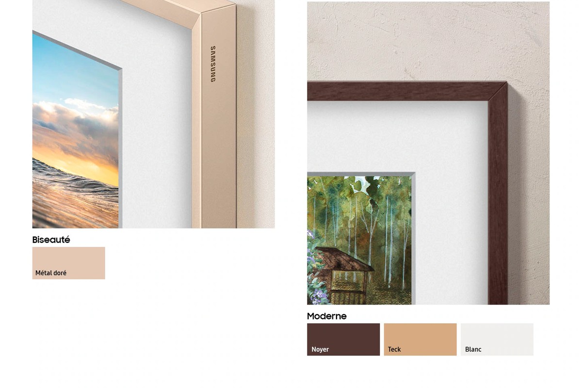 Two cutaways of The Frame bezel: bevelled in gold metal, modern in walnut, teak and white