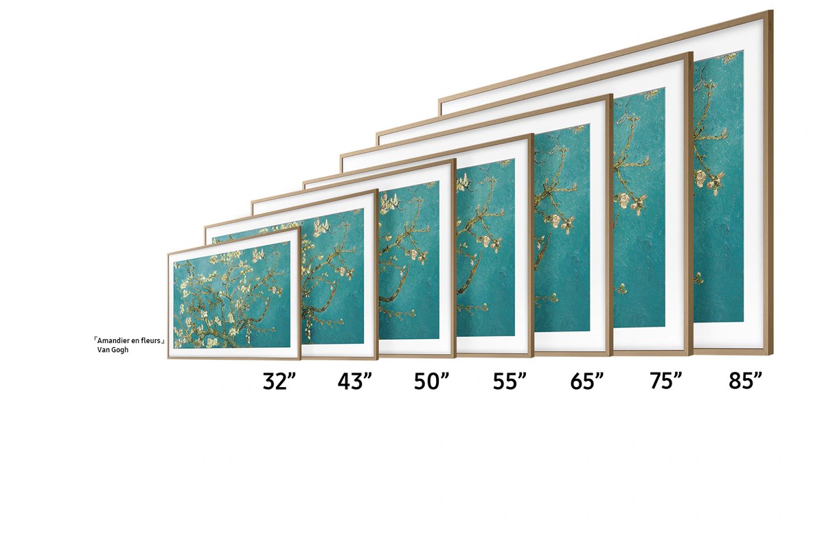 The seven The Frame bezel sizes lined up, from 32 to 85 inches