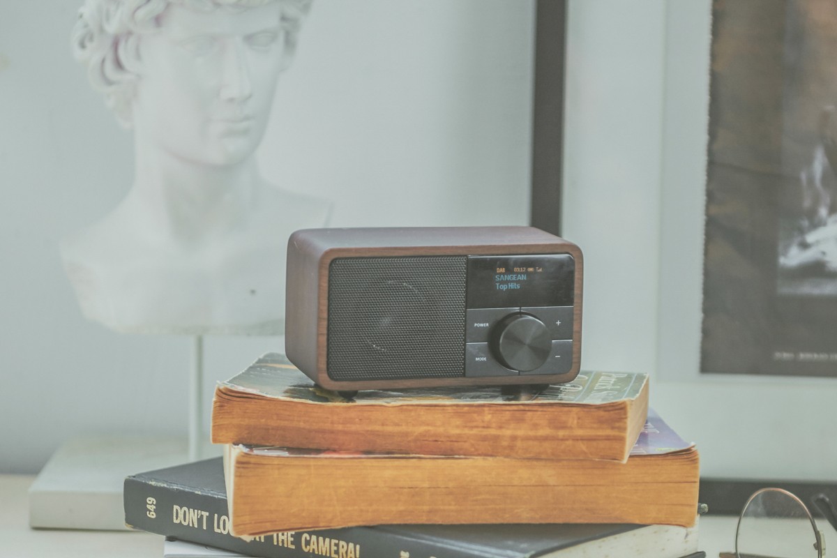 Sangean DDR-7 posé sur une pile de livres, à côté d'un buste en plâtre