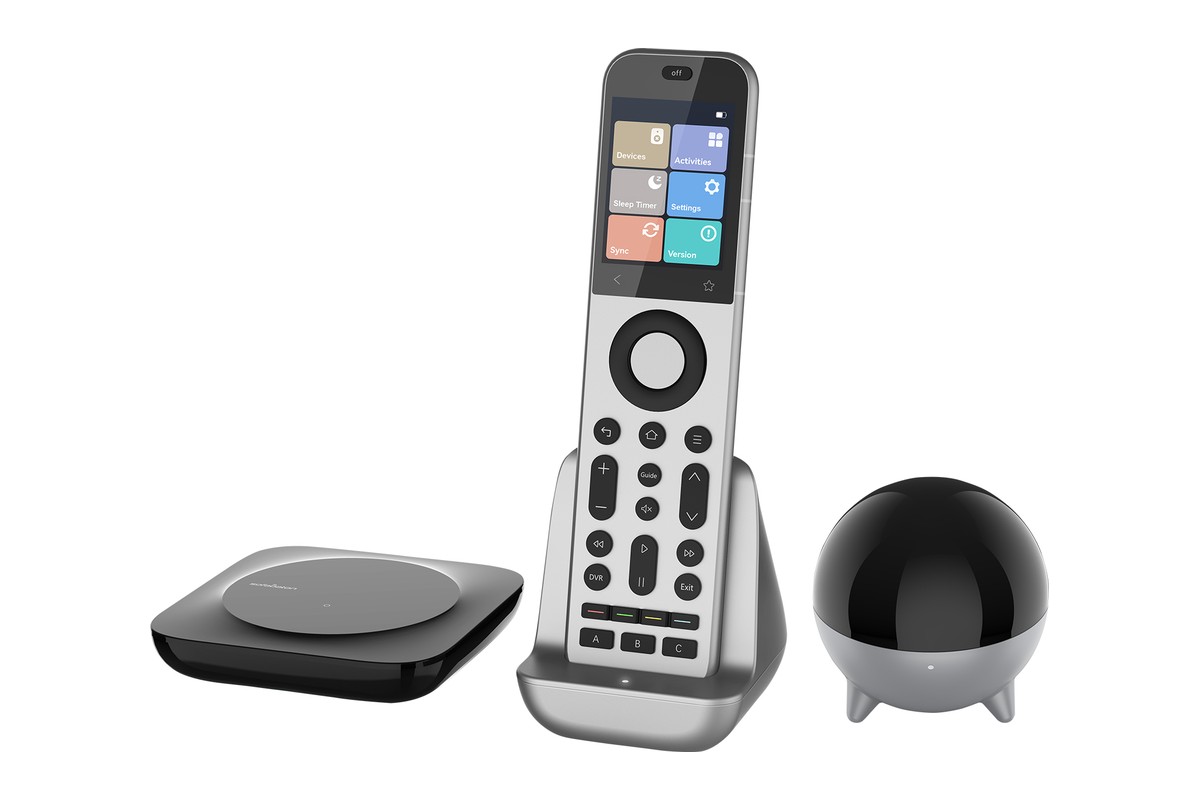 X2 remote in its dock, with the hub and the spherical repeater