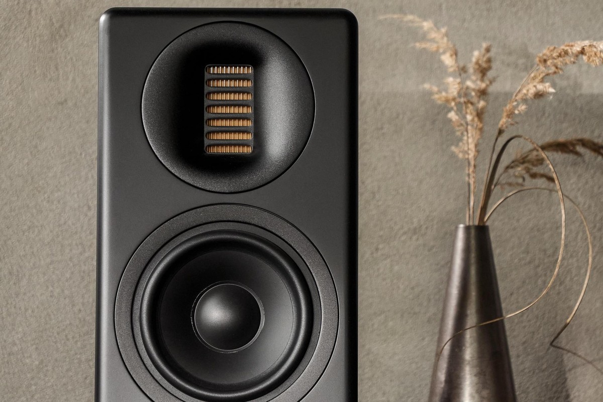 Close-up of the AMT tweeter on a matt black speaker, vase in the background
