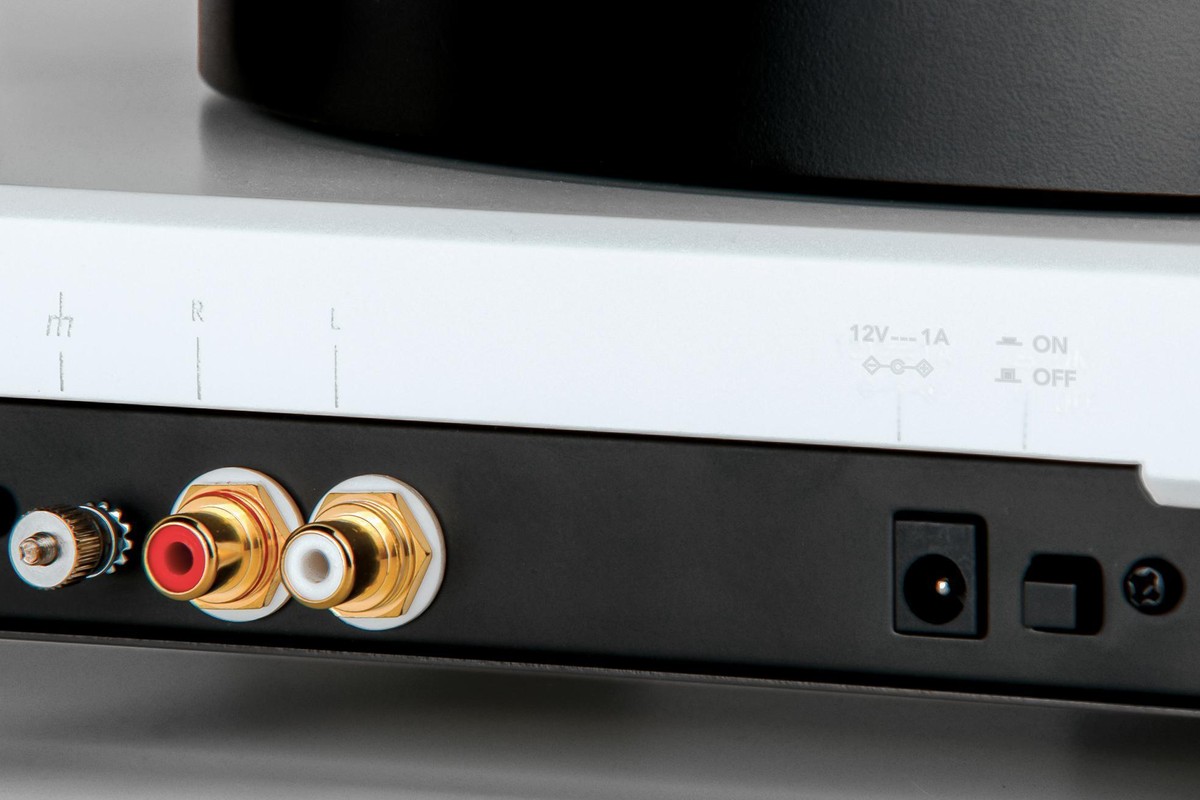 Prese RCA dorate e morsetto di massa sul retro del giradischi