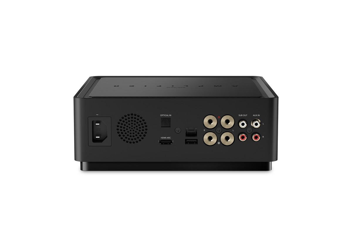 Rear panel with HDMI ARC socket, optical input, LAN port and speaker terminals
