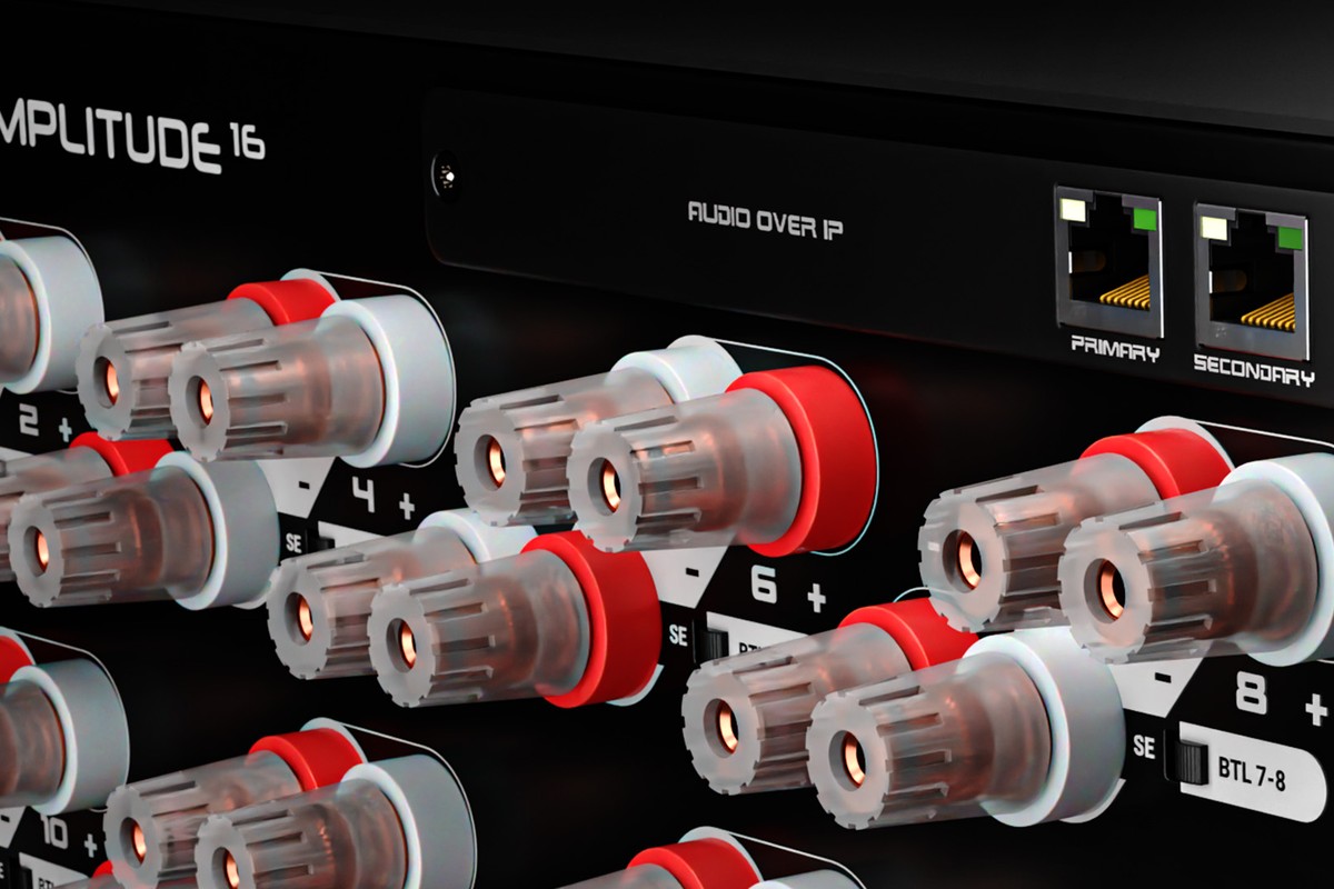 Carte audio sur IP à deux ports réseau RJ45 au dos de l'amplificateur