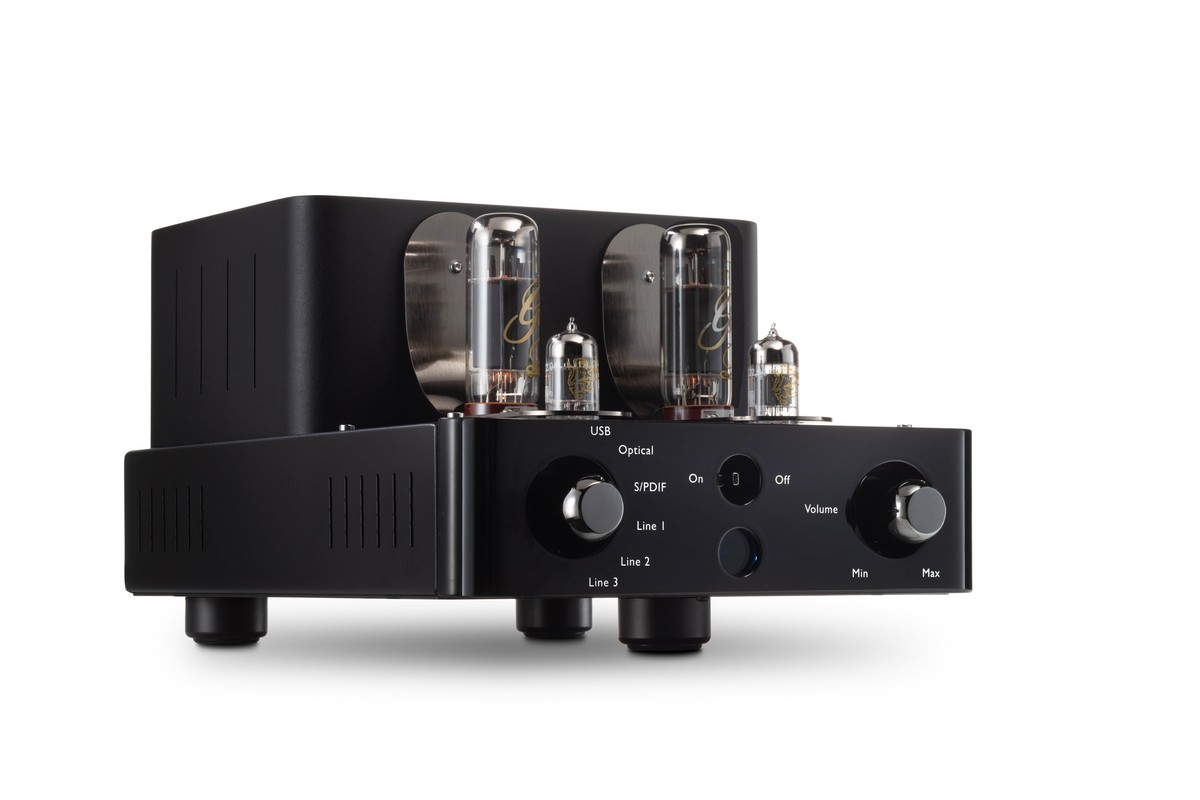 Black valve amplifier at three-quarter angle, piano black lacquered wood front panel