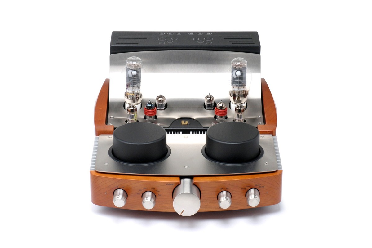 Tube preamplifier seen from the front, wooden cheeks and two large round black covers