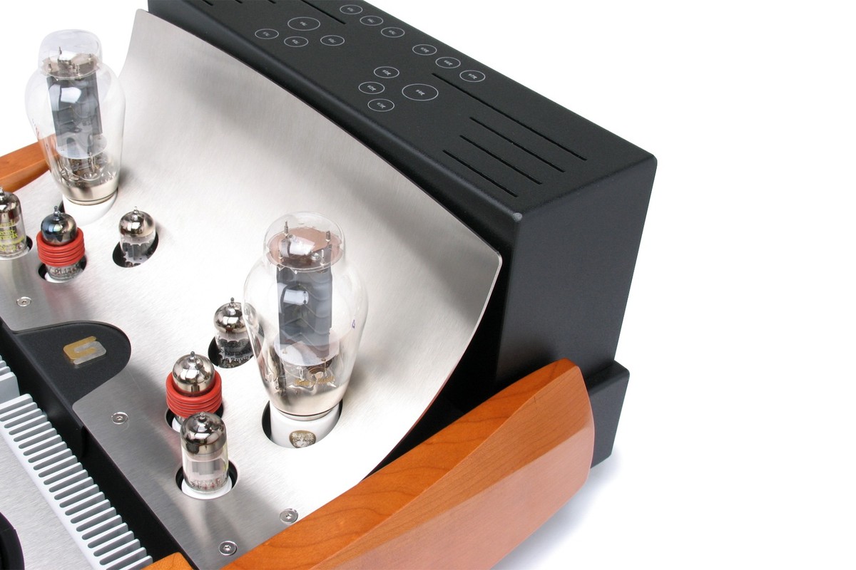 300B triodes and small tubes on a stainless steel chassis, wooden cheek in the foreground