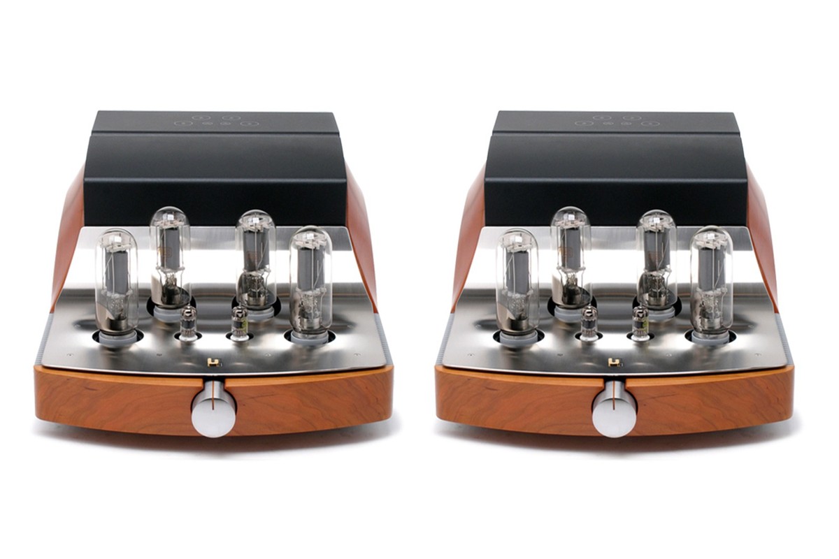 Pair of mono tube amplifiers side by side, front view