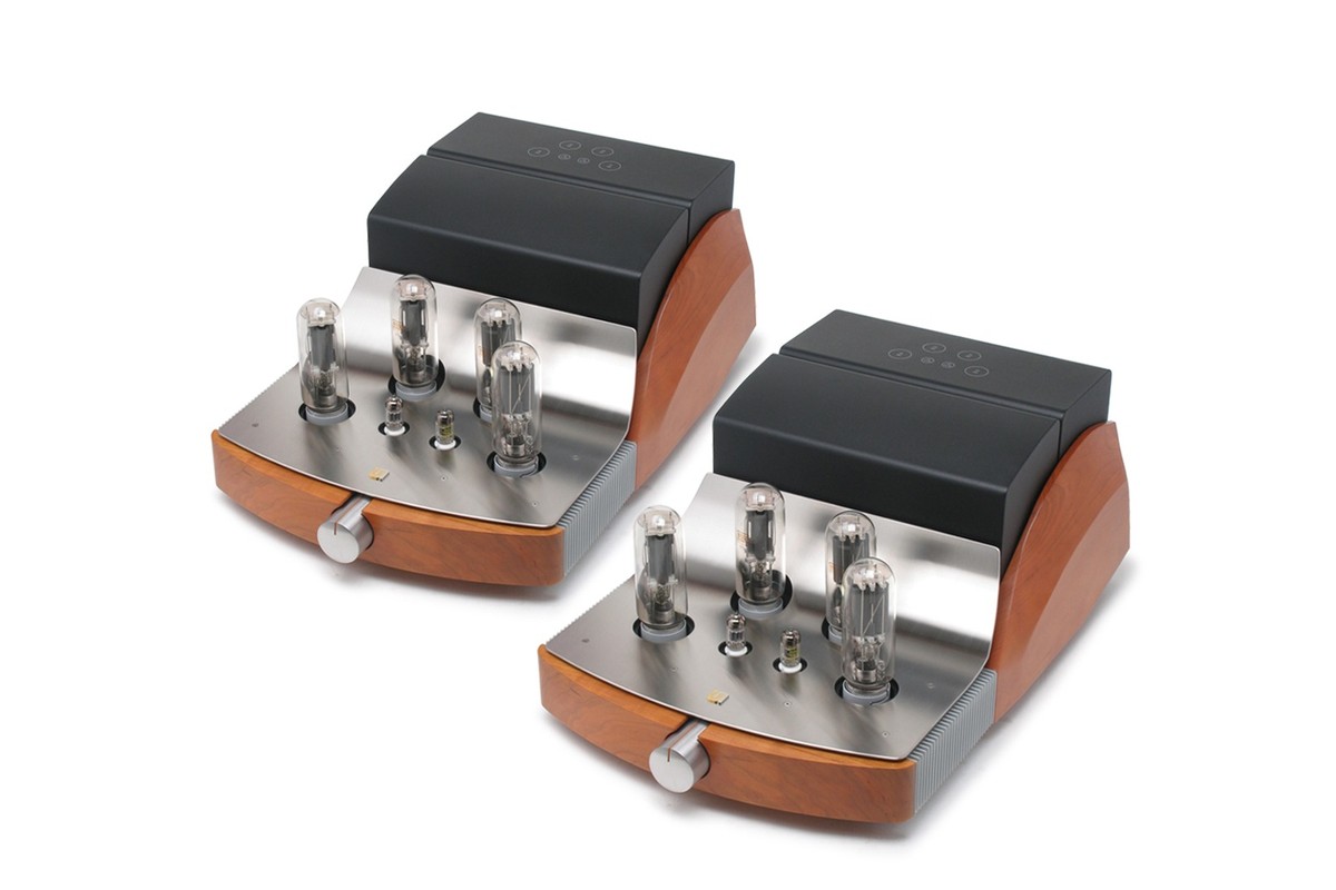 Two power amplifiers with wooden cheeks, three-quarter view