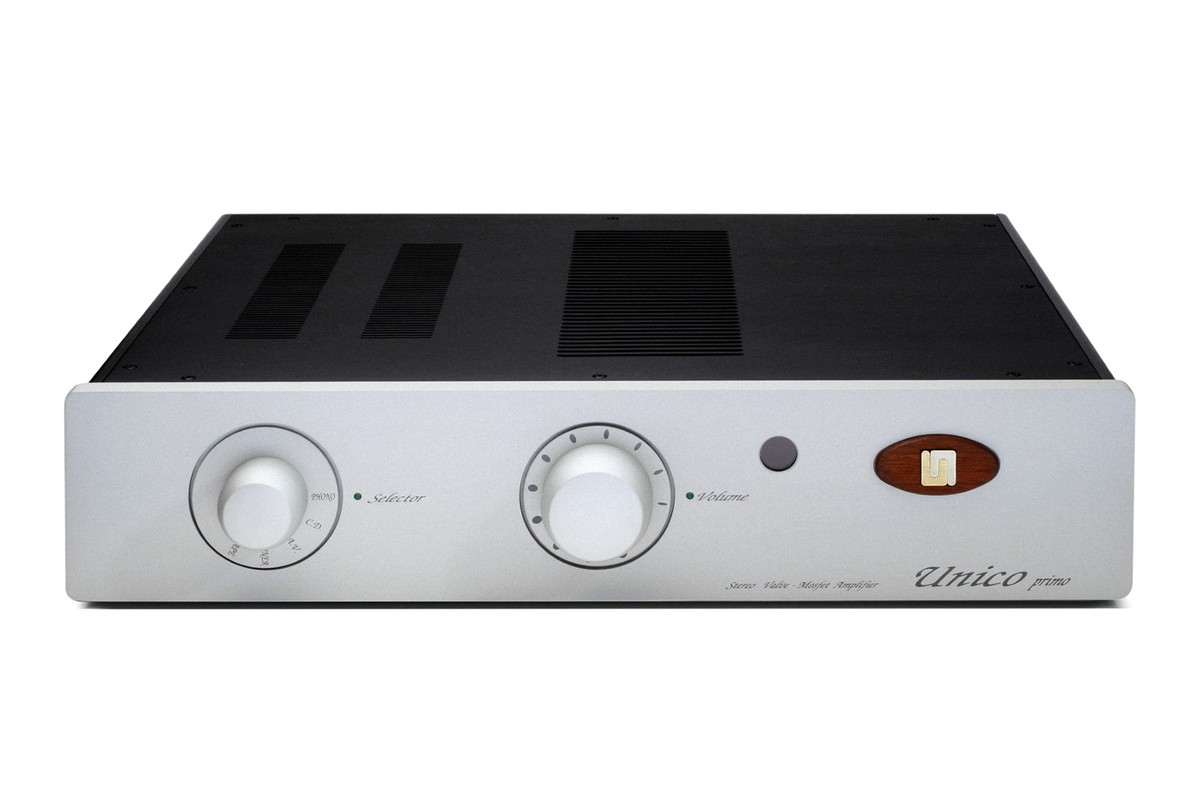 Silver integrated amplifier at three-quarter angle, two knobs and wooden logo