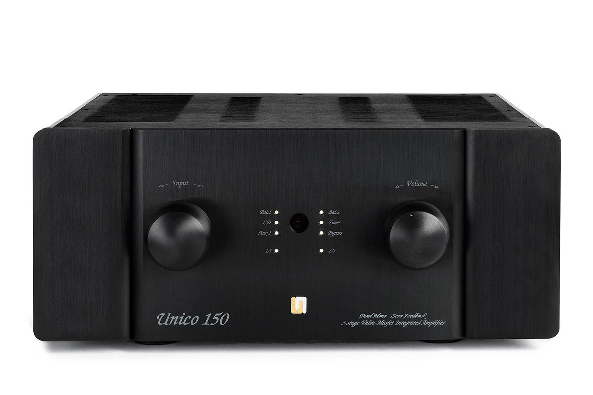 Black integrated amplifier seen from the front, two knobs and central indicators