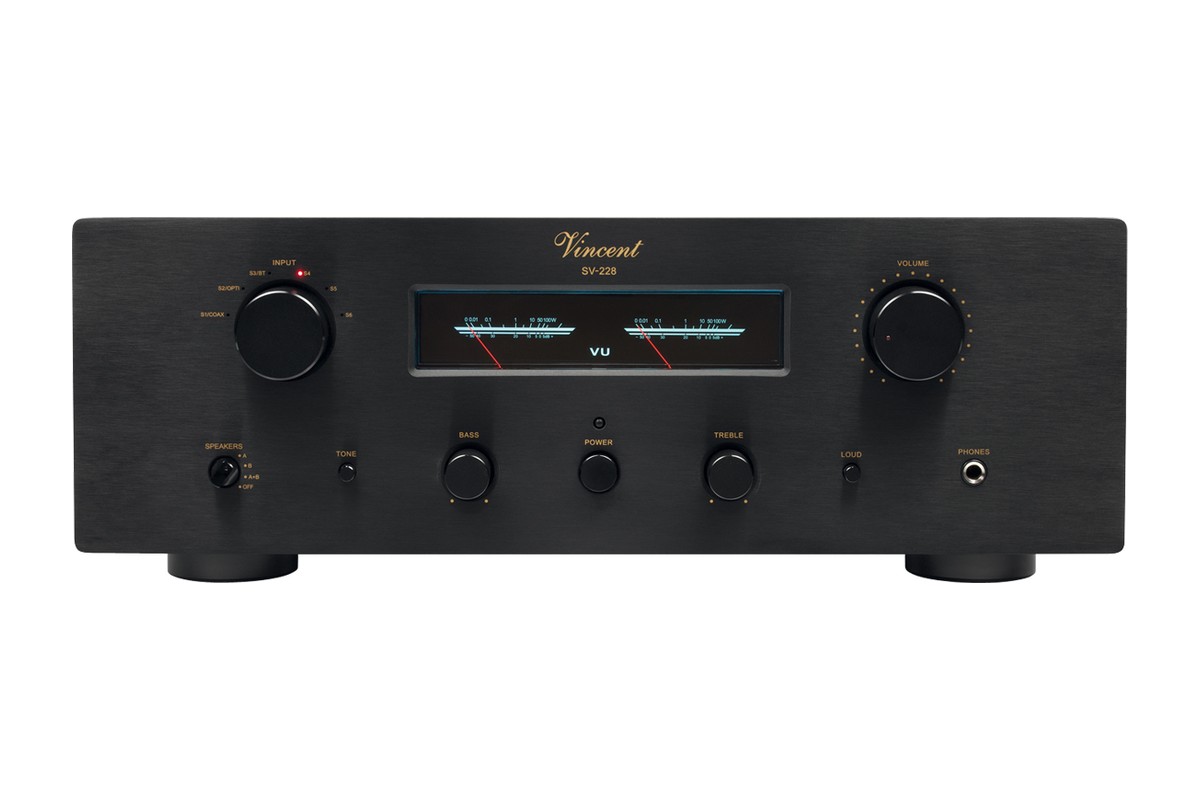 Black front panel with two illuminated VU meters