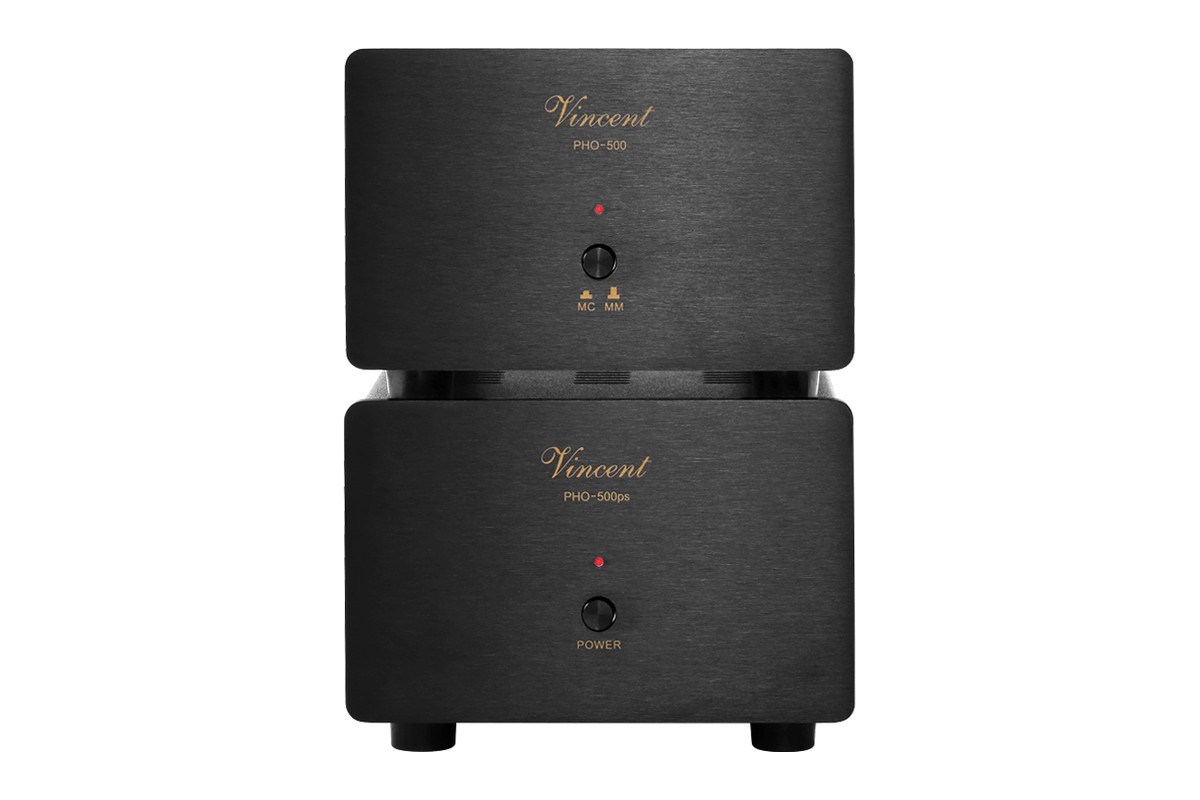 Black preamplifier sitting on its power supply
