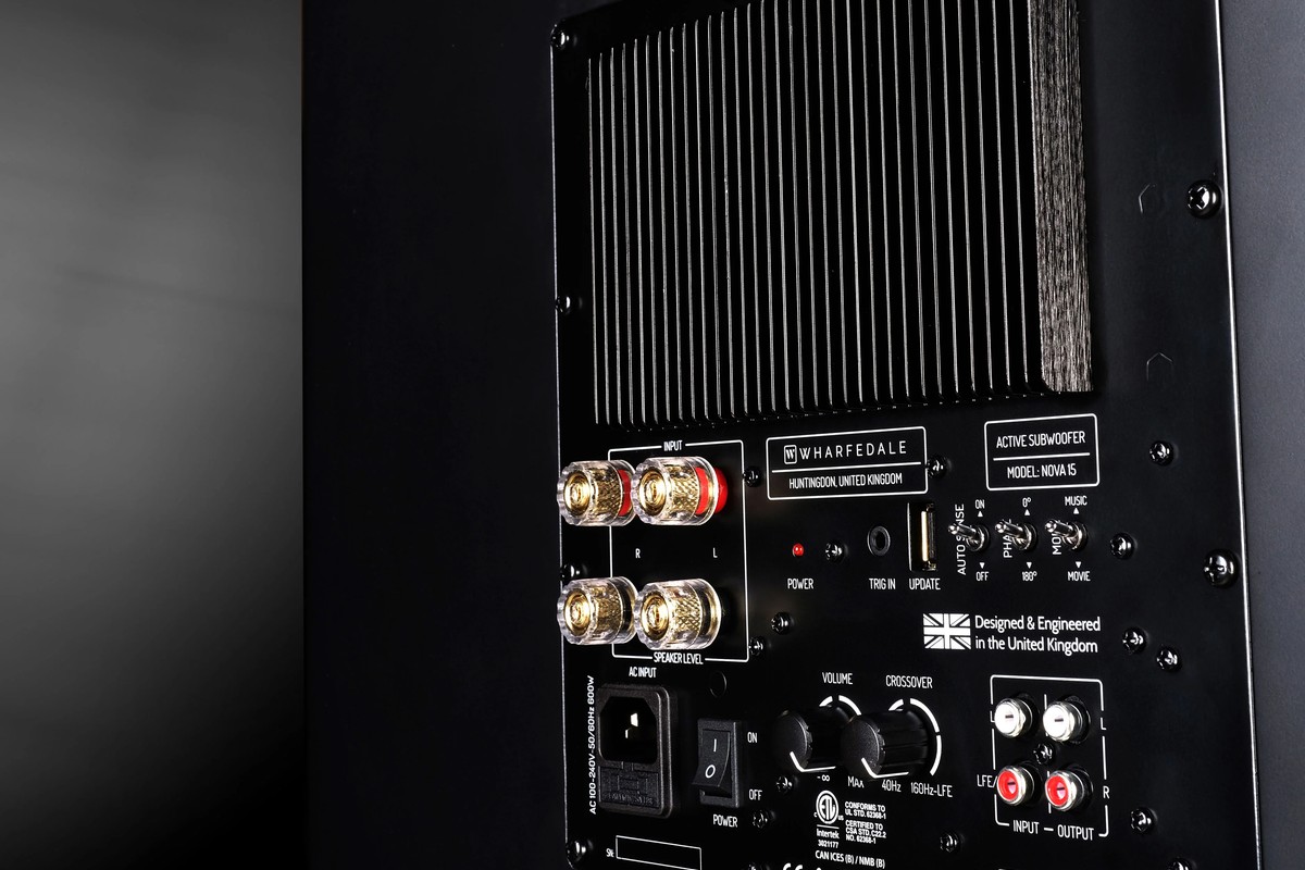 Back of the subwoofer with its heat sink, high-level terminals and volume and crossover controls