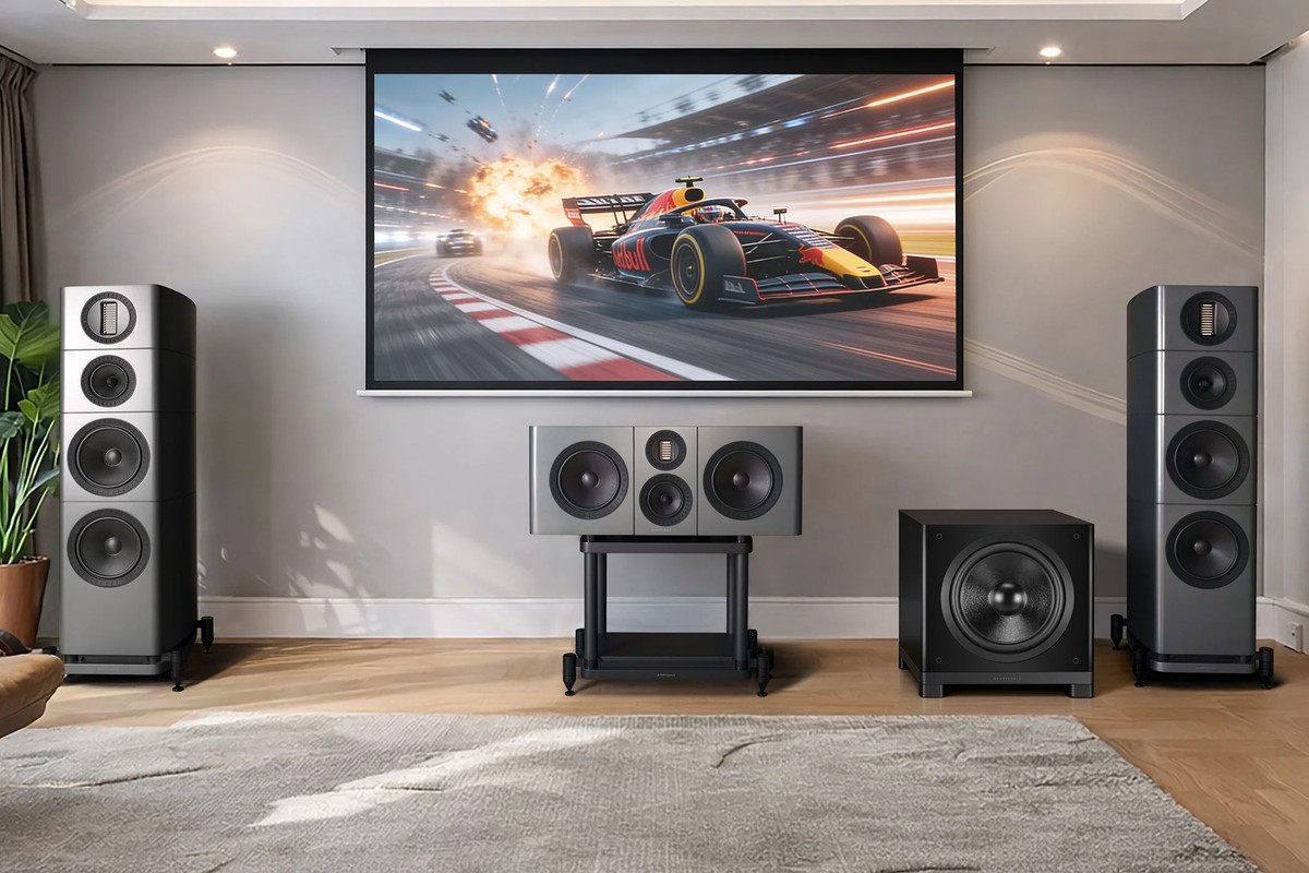 Home cinema living room with a projection screen, two floorstanding speakers, a centre speaker and the black subwoofer