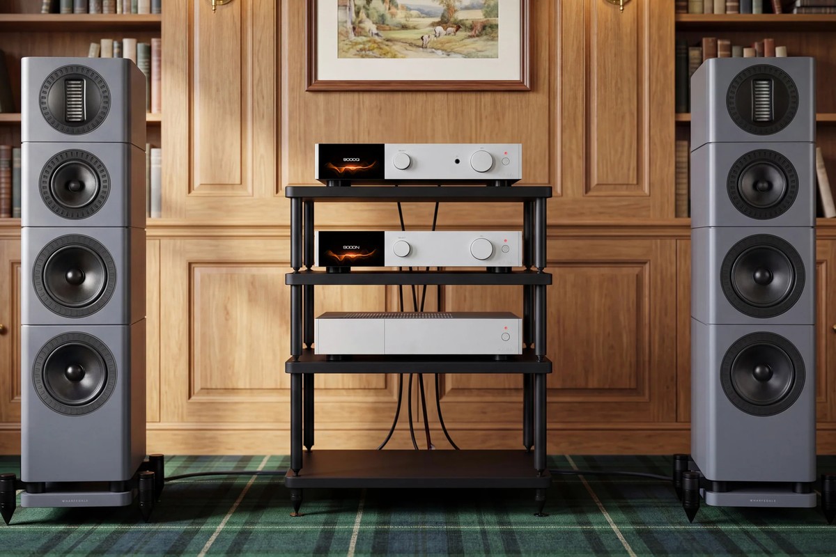 Two grey towers flanking an amplifier rack in a panelled bookcase