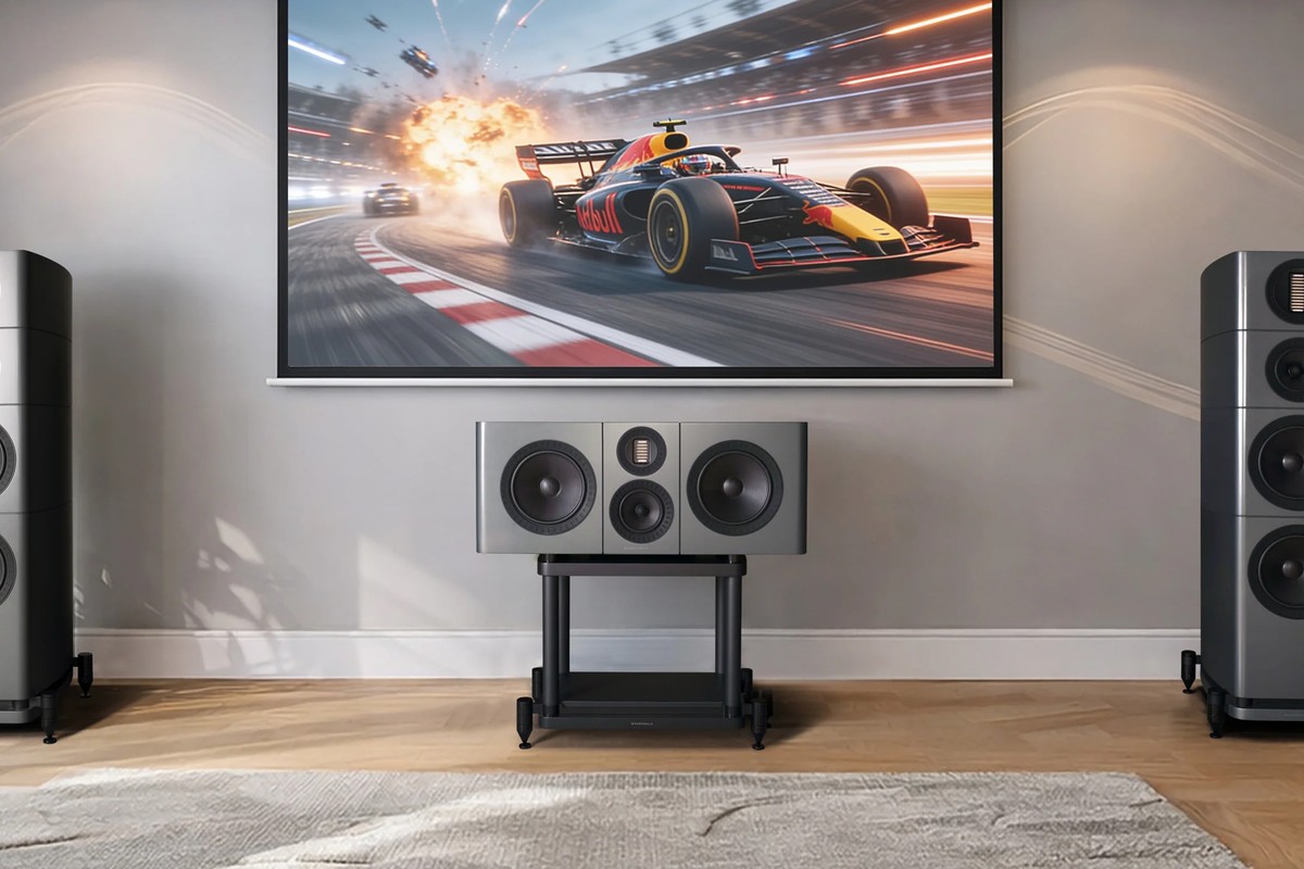 A centre speaker on its black stand, under a screen, between two grey towers