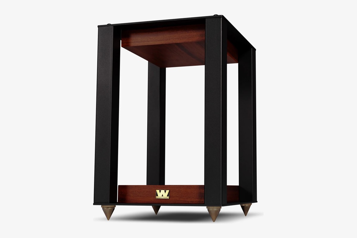 Black metal stand with a mahogany veneer top plate and decoupling spikes
