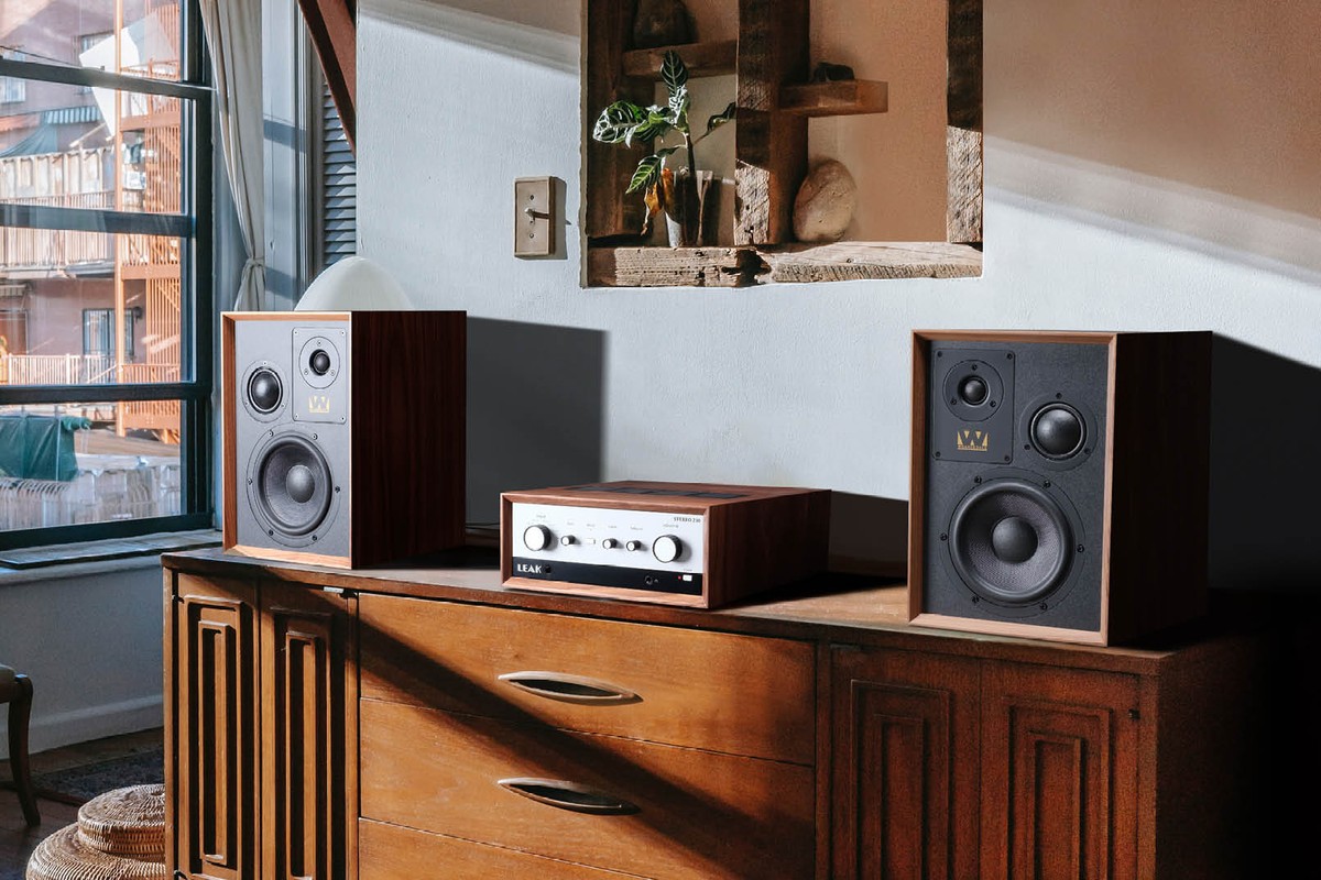 Two bookshelf speakers either side of an amplifier, on a low wooden cabinet