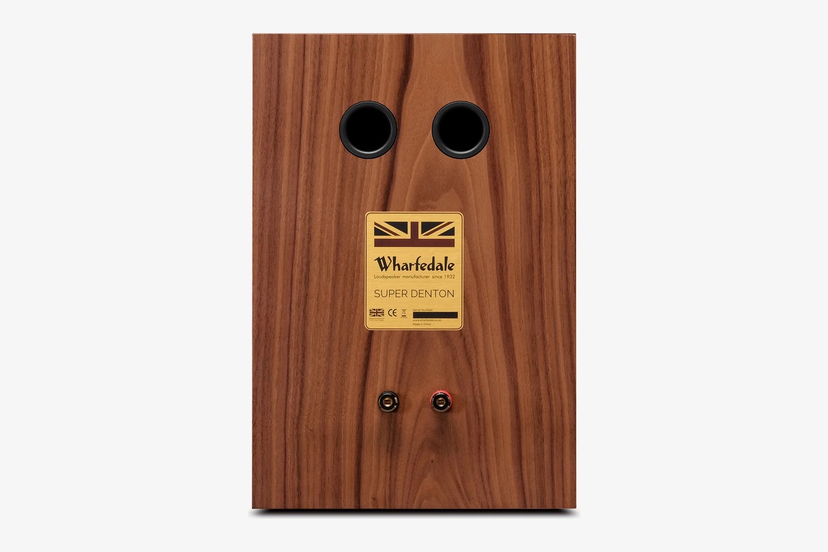 Walnut rear panel with two ports, a rating plate and the binding posts