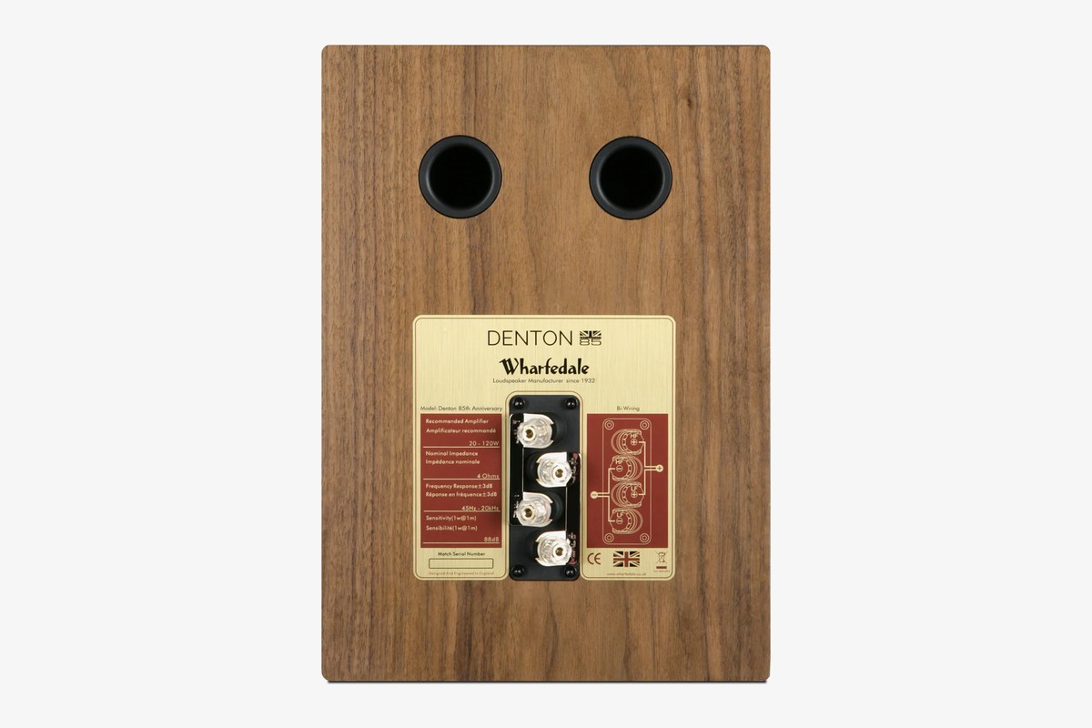 Walnut rear panel with two ports, a rating plate and a terminal panel