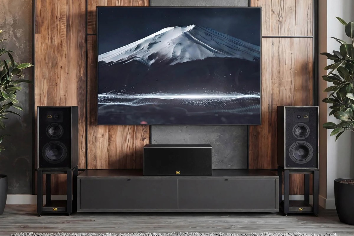 Centre speaker under a wall-mounted television, between two stand-mounted speakers, in a living room