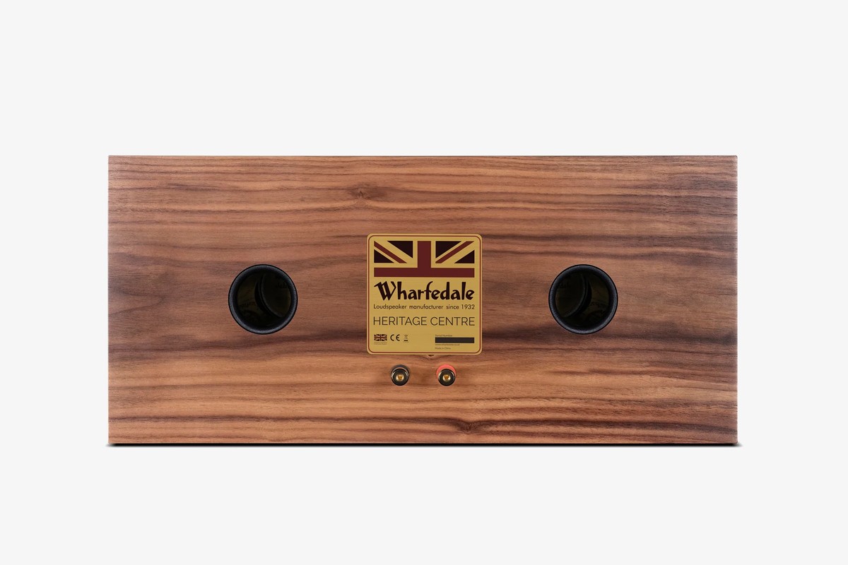 Walnut rear panel with two ports, a rating plate and a pair of binding posts
