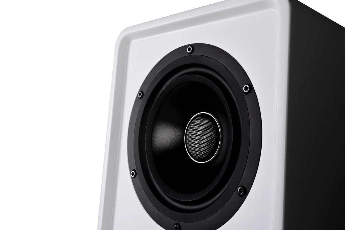 White Wharfedale DENTON 1S speaker, close-up of the coaxial driver