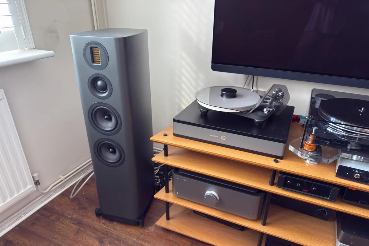 Grey floorstanding speaker beside a hi-fi cabinet holding a turntable, under a television