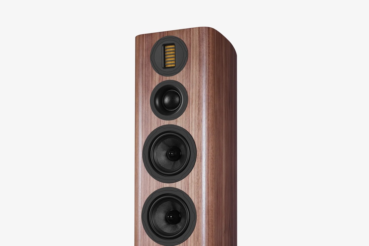 Upper part of a walnut floorstanding speaker with its AMT tweeter, midrange and a woofer