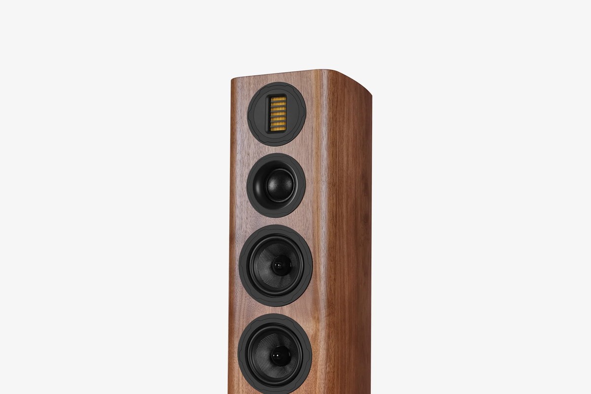 Upper part of a walnut floorstanding speaker with its AMT tweeter, midrange and a woofer