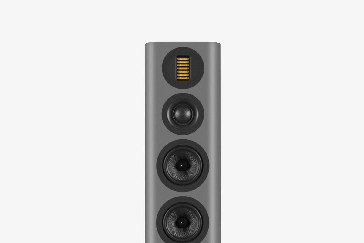 Upper part of a grey floorstanding speaker seen from the front with its AMT tweeter