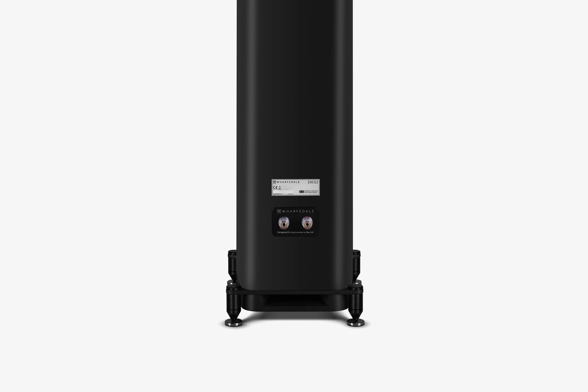 Rear of a black floorstanding speaker with its binding posts and its plinth on feet