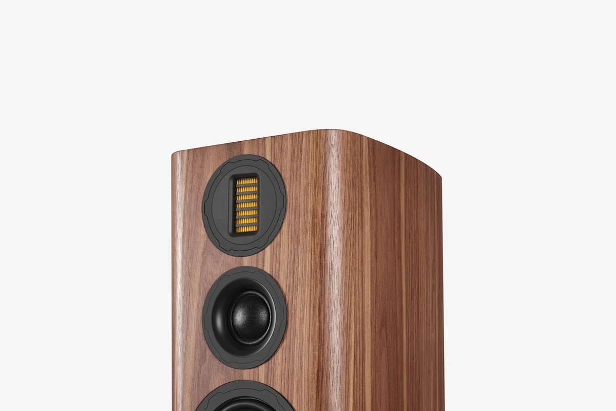 Upper part of a walnut bookshelf speaker with its AMT tweeter and midrange