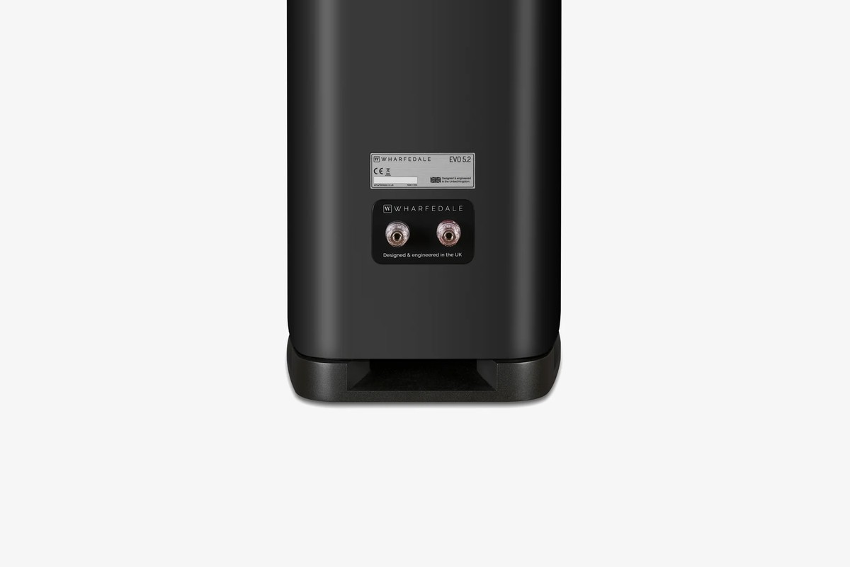 Rear of a black bookshelf speaker with its binding posts