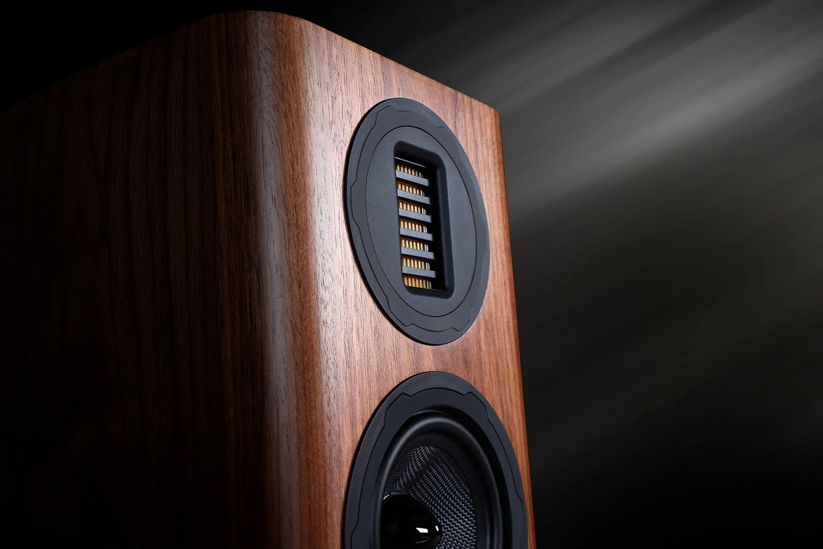 Close-up of the AMT tweeter and bass driver of a walnut speaker