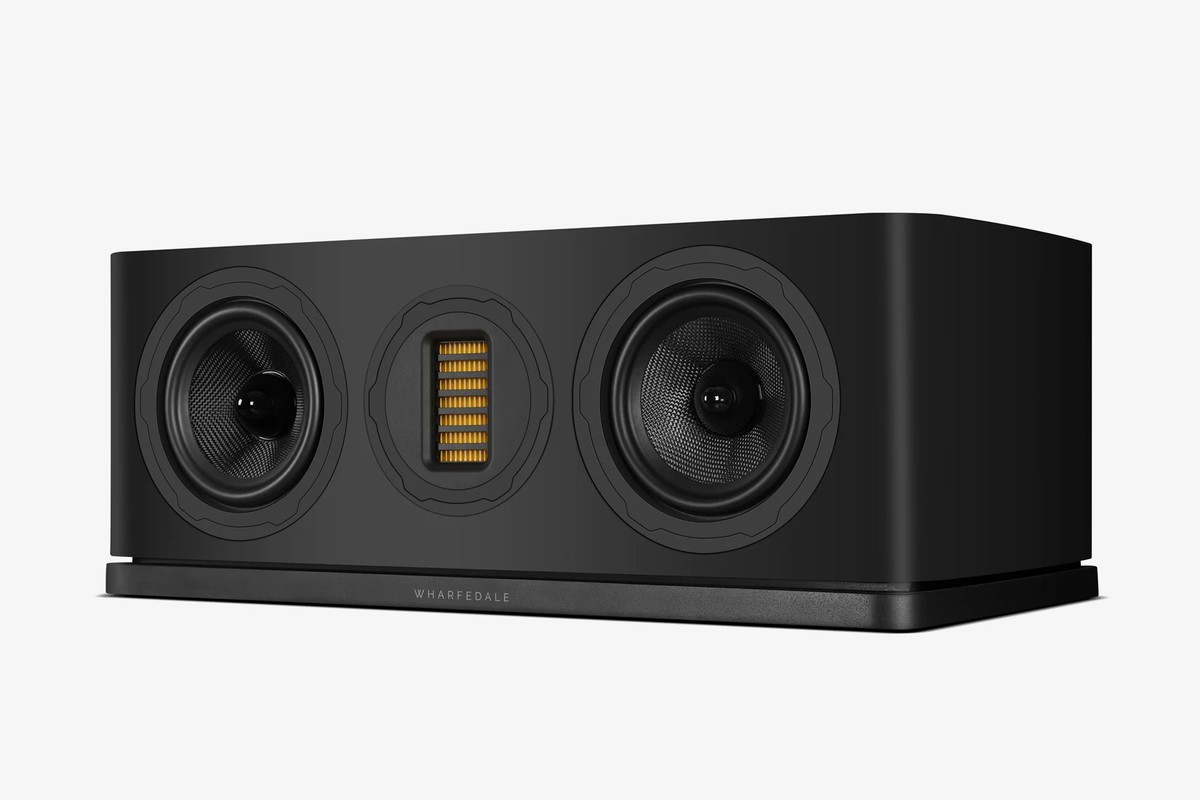 Black centre speaker seen at three-quarter angle, with the AMT tweeter between two bass drivers