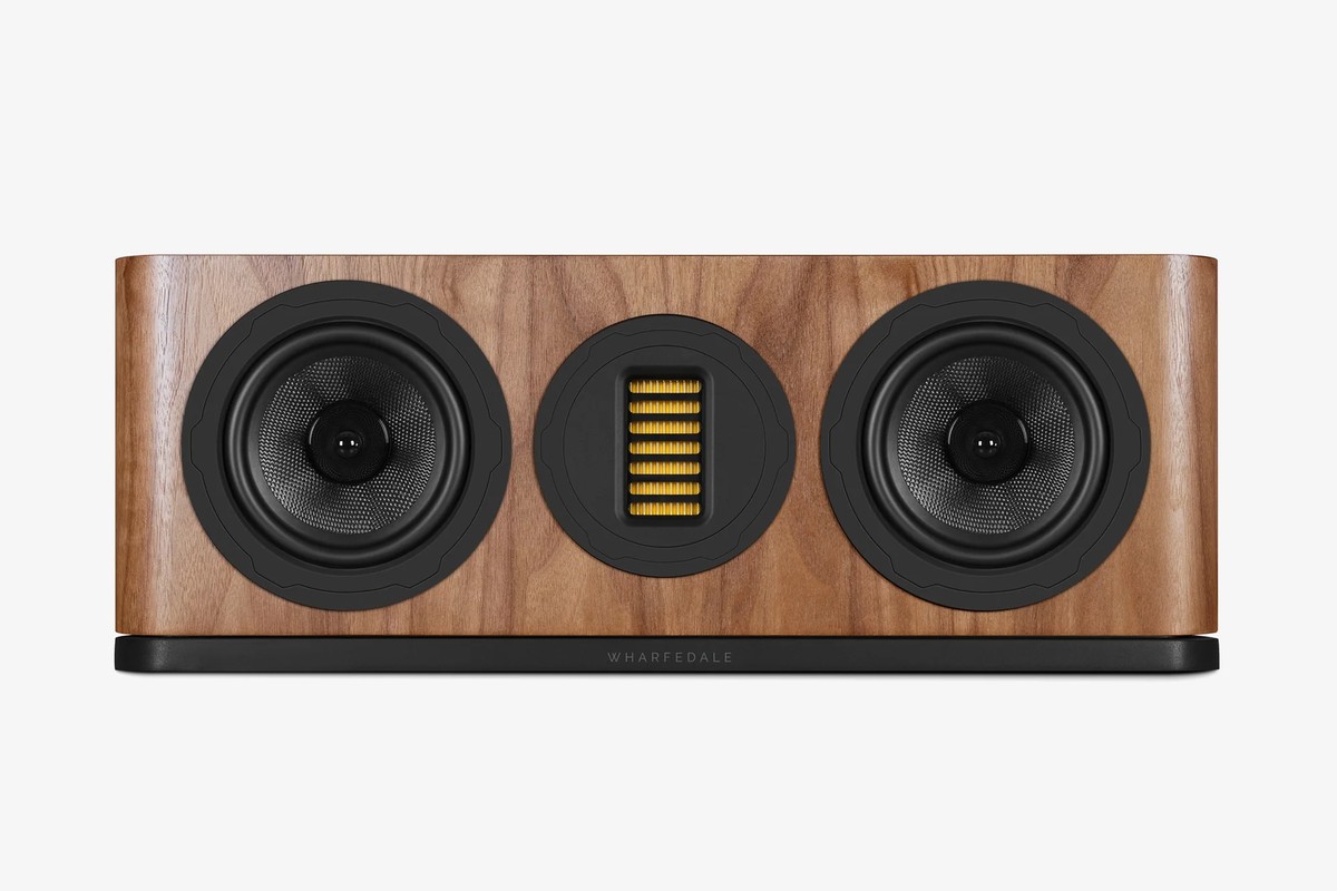 Walnut centre speaker seen from the front, with its two bass drivers and tweeter
