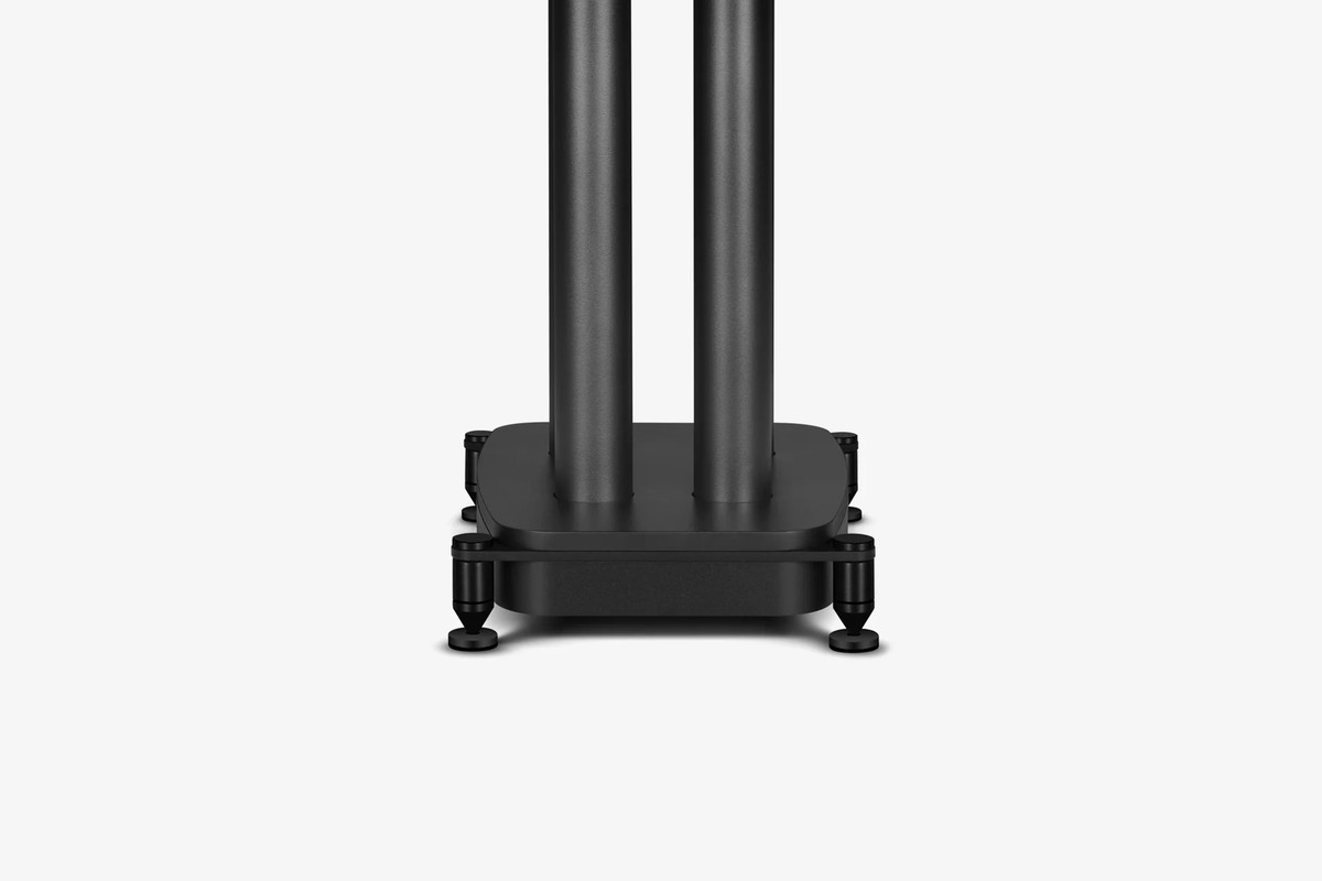 Base and columns of a black speaker stand seen in profile