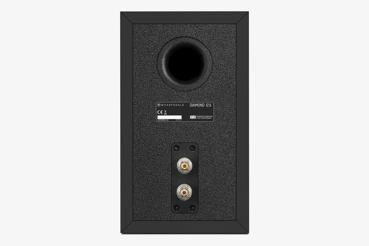 Back of a black speaker with its port, rating plate and terminals