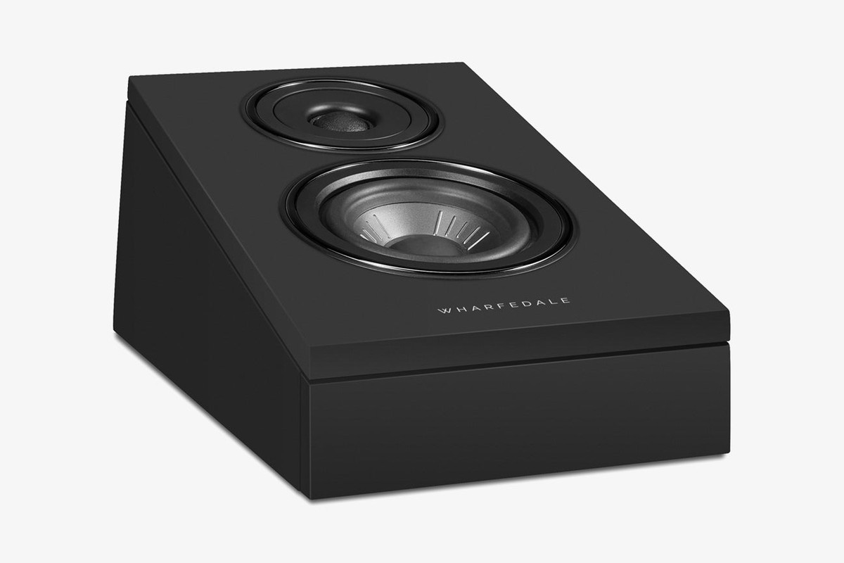Black speaker with an angled front seen at three-quarter angle, with its bass driver and tweeter