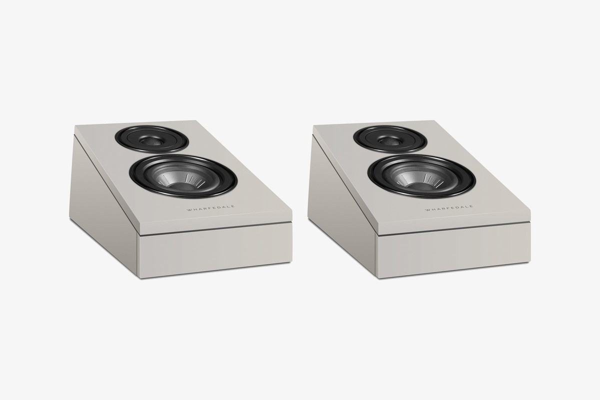 Two grey speakers with angled fronts placed side by side