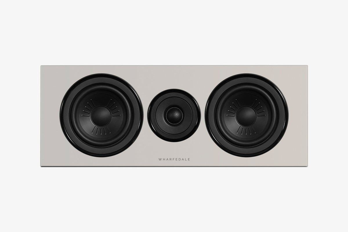 Grey centre speaker seen from the front, with its two bass drivers and tweeter