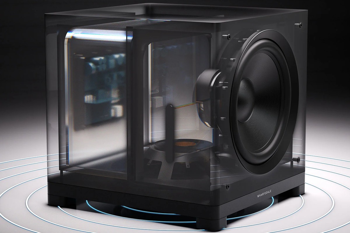 Translucent cutaway view of a NOVA series subwoofer, with its driver, suspension and radiator