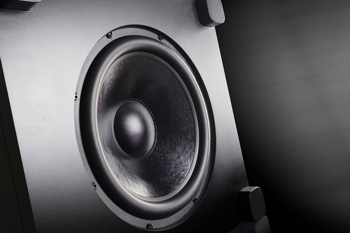 Close-up of the bass driver, its black cone and rubber surround