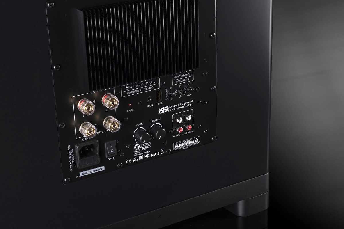 Back of the subwoofer with its heat sink, high-level terminals and volume and crossover controls