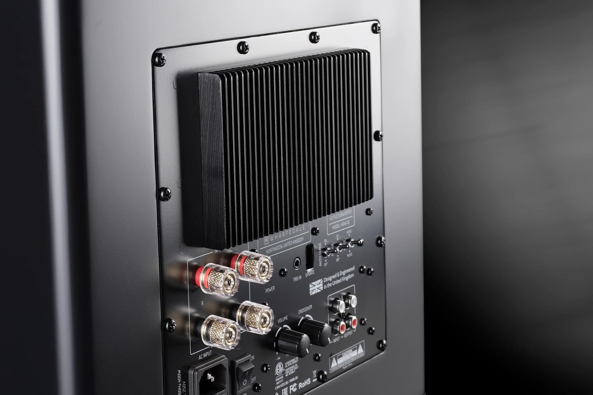 Back of the subwoofer with its heat sink, high-level terminals and volume and crossover controls